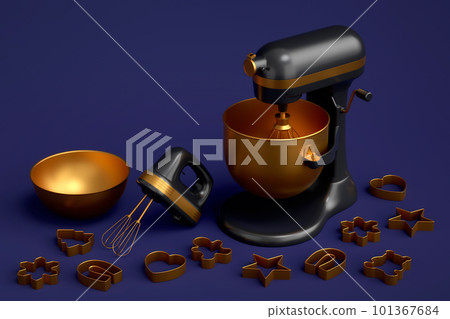 Mixer and hand mixer with kitchen utensil for preparation of dough on blue Mixer and hand mixer with kitchen utensil for preparation of dough on blue 101367684