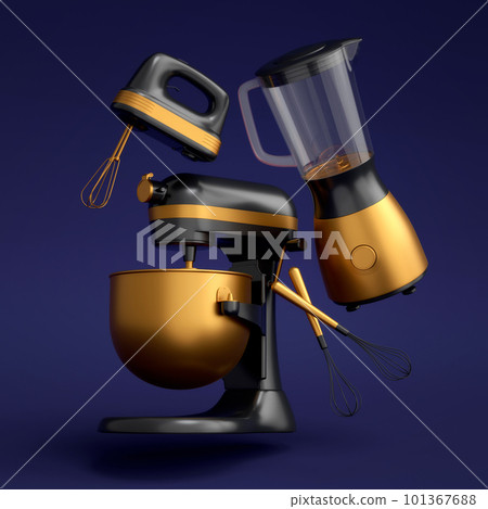Mixer and hand mixer with kitchen utensil for preparation of dough on blue 101367688