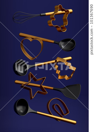 Set of metal cookie cutters and wooden kitchen utensils on blue background Set of metal cookie cutters and wooden kitchen utensils on blue background 101367690