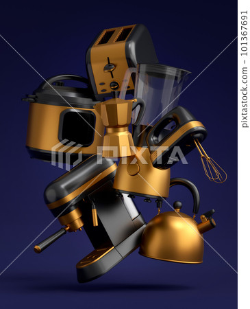 Electric kitchen appliances and utensils for making breakfast on blue Electric kitchen appliances and utensils for making breakfast on blue 101367691