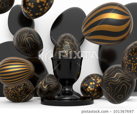 Golden and black Easter egg on podium and scattered eggs on white background Golden and black Easter egg on podium and scattered eggs on white background 101367697