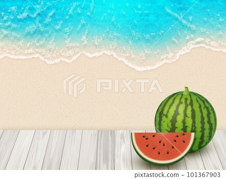 summer watermelon on summer blue sea and white sand beach 101367903