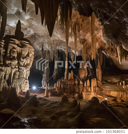 Beautiful mysterious karst cave, stalactites, stalagmites, calcareous outgrowths and scenery, unusual landscape Beautiful mysterious karst cave, stalactites, stalagmites, calcareous outgrowths and scenery, unusual landscape 101368031