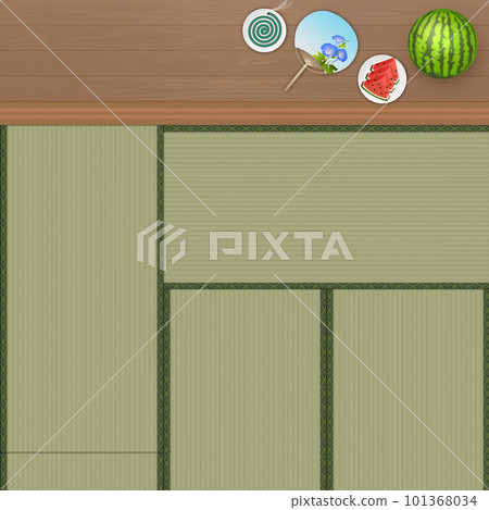 A Japanese-style room with tatami mats and a watermelon on the porch A Japanese-style room with tatami mats and a watermelon on the porch 101368034