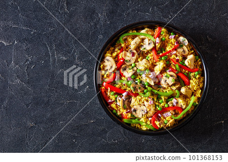 chicken mushroom paella with pepper, green peas chicken mushroom paella with pepper, green peas 101368153