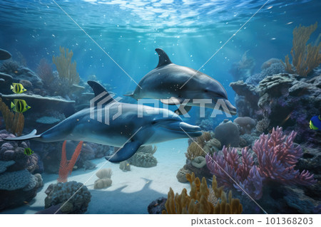 Celebrate World Oceans Day with a beautiful image of a bottlenose dolphin swimming among the tropical fish and colorful coral reefs of Egypt's stunning Red Sea. 101368203