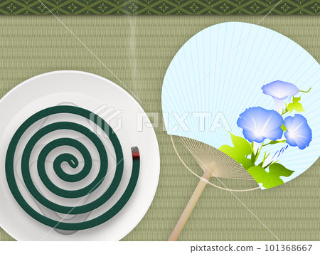 Mosquito-repellent incense sticks and fan placed on tatami mats 101368667