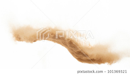 Small size fine Sand flying explosion, Golden grain wave explode. Abstract cloud fly. Yellow colored sand splash silica in Air. White background Isolated high speed shutter, throwing freeze shot 101369321