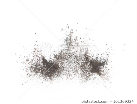 Black dried leave Tea explode. Small Fine size tea leaf flying explosion, Abstract cloud fly. Brown colored Teas splash throwing in Air. White background Isolated high speed shutter, throwing freeze Black dried leave Tea explode. Small Fine size tea leaf flying explosion, Abstract cloud fly. Brown colored Teas splash throwing in Air. White background Isolated high speed shutter, throwing freeze 101369324