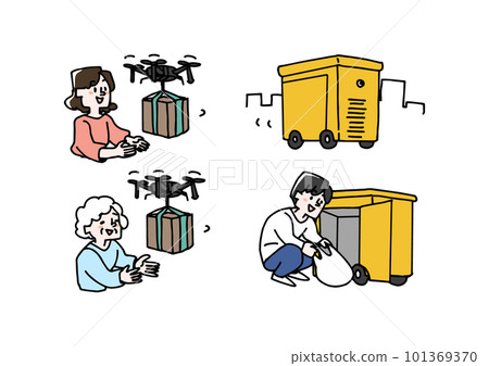 Illustration set of people who receive packages with new delivery methods Illustration set of people who receive packages with new delivery methods 101369370