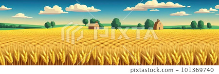 ears of wheat. Farm field. For package. Barley illustration in vintage style. Wheat grain. Summer landscape with a field of ripe wheat, hills and lobes in the background. Raster illustration. ears of wheat. Farm field. For package. Barley illustration in vintage style. Wheat grain. Summer landscape with a field of ripe wheat, hills and lobes in the background. Raster illustration. 101369740