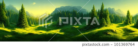 Panoramic view of big mountains, beautiful green meadows with coniferous trees. Flat cartoon landscape with nature. Summer spring landscape. Travel posters. Natural park forest outdoor background Panoramic view of big mountains, beautiful green meadows with coniferous trees. Flat cartoon landscape with nature. Summer spring landscape. Travel posters. Natural park forest outdoor background 101369764