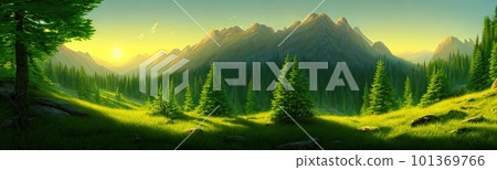 Panoramic view of big mountains, beautiful green meadows with coniferous trees. Flat cartoon landscape with nature. Summer spring landscape. Travel posters. Natural park forest outdoor background Panoramic view of big mountains, beautiful green meadows with coniferous trees. Flat cartoon landscape with nature. Summer spring landscape. Travel posters. Natural park forest outdoor background 101369766