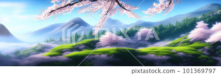 spring background in cartoon style. Pink and purple sakura, cherry, magnolia in bloom. Asian horizontal landscape with lake, hills, trees and flowers. Banner with copy space. 101369797