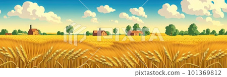 ears of wheat. Farm field. For package. Barley illustration in vintage style. Wheat grain. Summer landscape with a field of ripe wheat, hills and lobes in the background. Raster illustration. 101369812