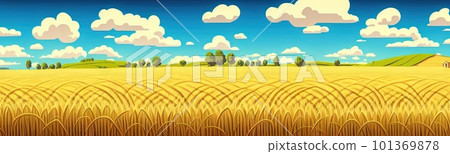ears of wheat. Farm field. For package. Barley illustration in vintage style. Wheat grain. Summer landscape with a field of ripe wheat, hills and lobes in the background. Raster illustration. ears of wheat. Farm field. For package. Barley illustration in vintage style. Wheat grain. Summer landscape with a field of ripe wheat, hills and lobes in the background. Raster illustration. 101369878