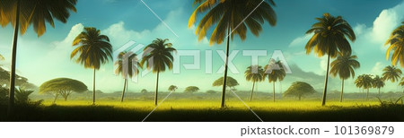 wild savanna landscape banner. Savannah, African wildlife with acacia trees, grass, sand. Africa landscape, African acacia tree 101369879