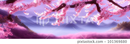 spring background in cartoon style. Pink and purple sakura, cherry, magnolia in bloom. Asian horizontal landscape with lake, hills, trees and flowers. Banner with copy space. spring background in cartoon style. Pink and purple sakura, cherry, magnolia in bloom. Asian horizontal landscape with lake, hills, trees and flowers. Banner with copy space. 101369880