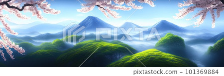 spring background in cartoon style. Pink and purple sakura, cherry, magnolia in bloom. Asian horizontal landscape with lake, hills, trees and flowers. Banner with copy space. spring background in cartoon style. Pink and purple sakura, cherry, magnolia in bloom. Asian horizontal landscape with lake, hills, trees and flowers. Banner with copy space. 101369884