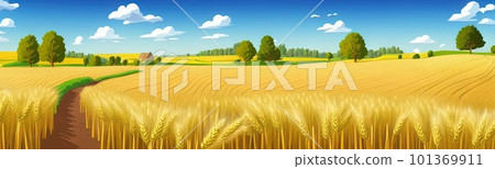 ears of wheat. Farm field. For package. Barley illustration in vintage style. Wheat grain. Summer landscape with a field of ripe wheat, hills and lobes in the background. Raster illustration. ears of wheat. Farm field. For package. Barley illustration in vintage style. Wheat grain. Summer landscape with a field of ripe wheat, hills and lobes in the background. Raster illustration. 101369911