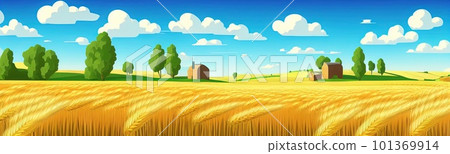 ears of wheat. Farm field. For package. Barley illustration in vintage style. Wheat grain. Summer landscape with a field of ripe wheat, hills and lobes in the background. Raster illustration. ears of wheat. Farm field. For package. Barley illustration in vintage style. Wheat grain. Summer landscape with a field of ripe wheat, hills and lobes in the background. Raster illustration. 101369914