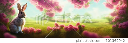 Cute little rabbit for easter spring holiday, spring holiday banner illustration. Nice rabbit sitting on the meadow grass grass. spring flower meadow Cute little rabbit for easter spring holiday, spring holiday banner illustration. Nice rabbit sitting on the meadow grass grass. spring flower meadow 101369942