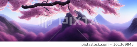 spring background in cartoon style. Pink and purple sakura, cherry, magnolia in bloom. Asian horizontal landscape with lake, hills, trees and flowers. Banner with copy space. spring background in cartoon style. Pink and purple sakura, cherry, magnolia in bloom. Asian horizontal landscape with lake, hills, trees and flowers. Banner with copy space. 101369943
