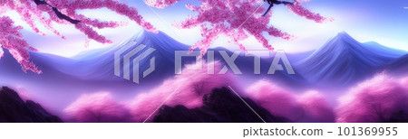 spring background in cartoon style. Pink and purple sakura, cherry, magnolia in bloom. Asian horizontal landscape with lake, hills, trees and flowers. Banner with copy space. spring background in cartoon style. Pink and purple sakura, cherry, magnolia in bloom. Asian horizontal landscape with lake, hills, trees and flowers. Banner with copy space. 101369955