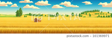ears of wheat. Farm field. For package. Barley illustration in vintage style. Wheat grain. Summer landscape with a field of ripe wheat, hills and lobes in the background. Raster illustration. ears of wheat. Farm field. For package. Barley illustration in vintage style. Wheat grain. Summer landscape with a field of ripe wheat, hills and lobes in the background. Raster illustration. 101369971