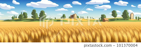 ears of wheat. Farm field. For package. Barley illustration in vintage style. Wheat grain. Summer landscape with a field of ripe wheat, hills and lobes in the background. Raster illustration. 101370004