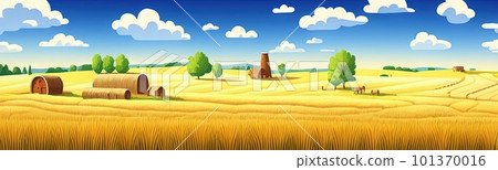 ears of wheat. Farm field. For package. Barley illustration in vintage style. Wheat grain. Summer landscape with a field of ripe wheat, hills and lobes in the background. Raster illustration. ears of wheat. Farm field. For package. Barley illustration in vintage style. Wheat grain. Summer landscape with a field of ripe wheat, hills and lobes in the background. Raster illustration. 101370016