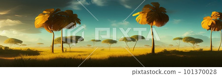 wild savanna landscape banner. Savannah, African wildlife with acacia trees, grass, sand. Africa landscape, African acacia tree 101370028