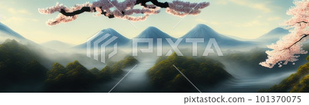 spring background in cartoon style. Pink and purple sakura, cherry, magnolia in bloom. Asian horizontal landscape with lake, hills, trees and flowers. Banner with copy space. spring background in cartoon style. Pink and purple sakura, cherry, magnolia in bloom. Asian horizontal landscape with lake, hills, trees and flowers. Banner with copy space. 101370075