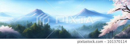 spring background in cartoon style. Pink and purple sakura, cherry, magnolia in bloom. Asian horizontal landscape with lake, hills, trees and flowers. Banner with copy space. spring background in cartoon style. Pink and purple sakura, cherry, magnolia in bloom. Asian horizontal landscape with lake, hills, trees and flowers. Banner with copy space. 101370114