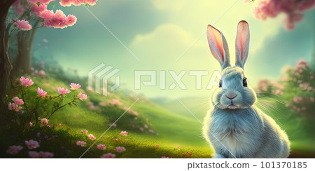 Cute little rabbit for easter spring holiday, spring holiday banner illustration. Nice rabbit sitting on the meadow grass grass. spring flower meadow 101370185
