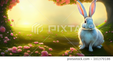 Cute little rabbit for easter spring holiday, spring holiday banner illustration. Nice rabbit sitting on the meadow grass grass. spring flower meadow Cute little rabbit for easter spring holiday, spring holiday banner illustration. Nice rabbit sitting on the meadow grass grass. spring flower meadow 101370186