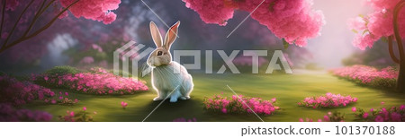 Cute little rabbit for easter spring holiday, spring holiday banner illustration. Nice rabbit sitting on the meadow grass grass. spring flower meadow Cute little rabbit for easter spring holiday, spring holiday banner illustration. Nice rabbit sitting on the meadow grass grass. spring flower meadow 101370188