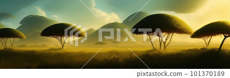 wild savanna landscape banner. Savannah, African wildlife with acacia trees, grass, sand. Africa landscape, African acacia tree wild savanna landscape banner. Savannah, African wildlife with acacia trees, grass, sand. Africa landscape, African acacia tree 101370189