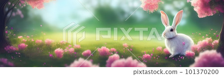 Cute little rabbit for easter spring holiday, spring holiday banner illustration. Nice rabbit sitting on the meadow grass grass. spring flower meadow Cute little rabbit for easter spring holiday, spring holiday banner illustration. Nice rabbit sitting on the meadow grass grass. spring flower meadow 101370200