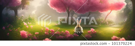 Cute little rabbit for easter spring holiday, spring holiday banner illustration. Nice rabbit sitting on the meadow grass grass. spring flower meadow Cute little rabbit for easter spring holiday, spring holiday banner illustration. Nice rabbit sitting on the meadow grass grass. spring flower meadow 101370224
