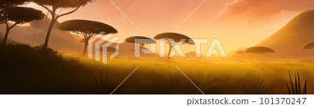 wild savanna landscape banner. Savannah, African wildlife with acacia trees, grass, sand. Africa landscape, African acacia tree 101370247