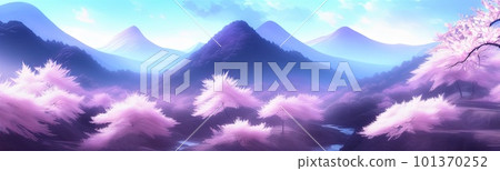 spring background in cartoon style. Pink and purple sakura, cherry, magnolia in bloom. Asian horizontal landscape with lake, hills, trees and flowers. Banner with copy space. 101370252