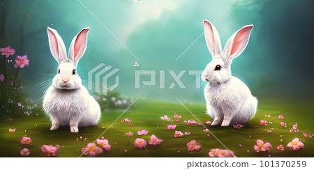 Cute little rabbit for easter spring holiday, spring holiday banner illustration. Nice rabbit sitting on the meadow grass grass. spring flower meadow Cute little rabbit for easter spring holiday, spring holiday banner illustration. Nice rabbit sitting on the meadow grass grass. spring flower meadow 101370259