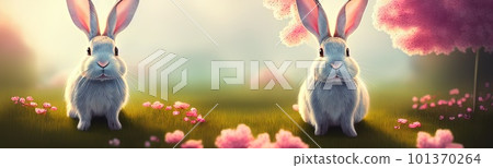 Cute little rabbit for easter spring holiday, spring holiday banner illustration. Nice rabbit sitting on the meadow grass grass. spring flower meadow 101370264