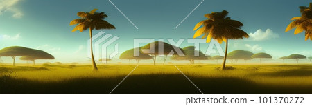 wild savanna landscape banner. Savannah, African wildlife with acacia trees, grass, sand. Africa landscape, African acacia tree 101370272