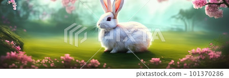 Cute little rabbit for easter spring holiday, spring holiday banner illustration. Nice rabbit sitting on the meadow grass grass. spring flower meadow 101370286