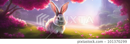 Cute little rabbit for easter spring holiday, spring holiday banner illustration. Nice rabbit sitting on the meadow grass grass. spring flower meadow Cute little rabbit for easter spring holiday, spring holiday banner illustration. Nice rabbit sitting on the meadow grass grass. spring flower meadow 101370299