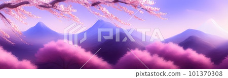 spring background in cartoon style. Pink and purple sakura, cherry, magnolia in bloom. Asian horizontal landscape with lake, hills, trees and flowers. Banner with copy space. 101370308