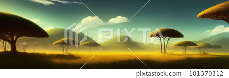 wild savanna landscape banner. Savannah, African wildlife with acacia trees, grass, sand. Africa landscape, African acacia tree 101370312