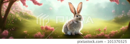 Cute little rabbit for easter spring holiday, spring holiday banner illustration. Nice rabbit sitting on the meadow grass grass. spring flower meadow 101370325